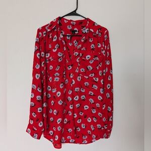 Ann Taylor Red Floral Long Sleeve Blouse Medium